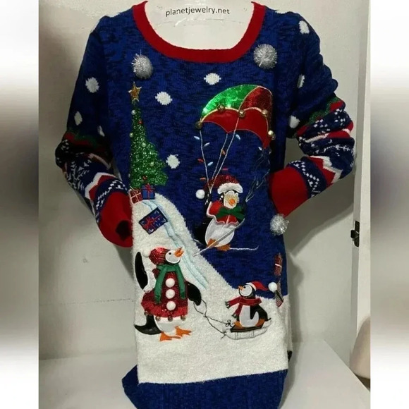 United States Christmas Sweater Penguins Trees Sequins Long Snow Presents XXL - Picture 2 of 9